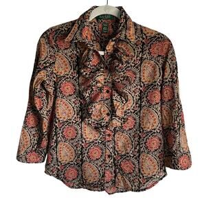 Lauren Ralph Lauren Ruffle Front Blouse Paisley 3/4 Sleeve Sz PS Cotton Feminine